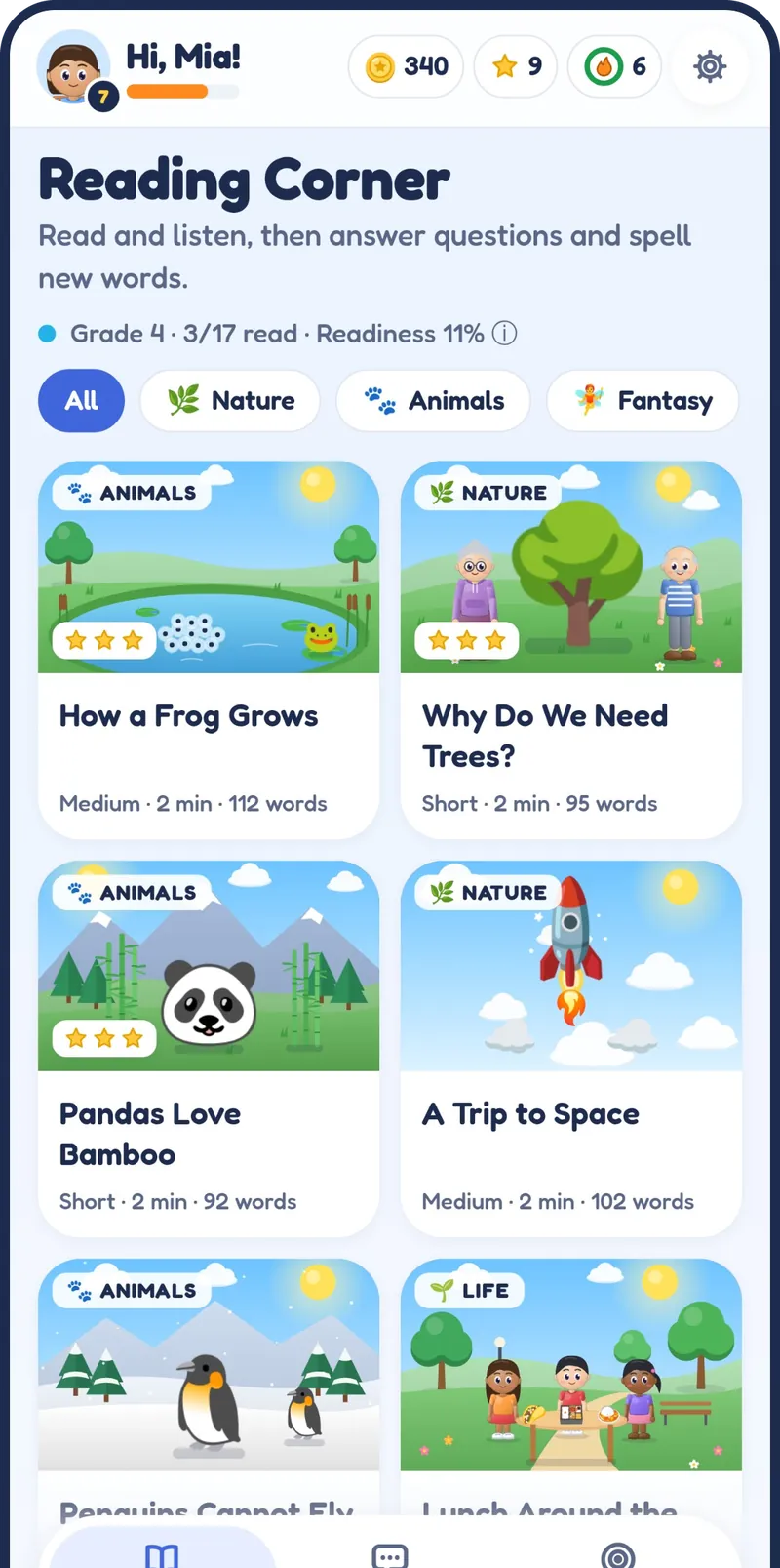 The Reading Corner: article cards such as How a Frog Grows and Why Do We Need Trees?, with stars on the finished ones.