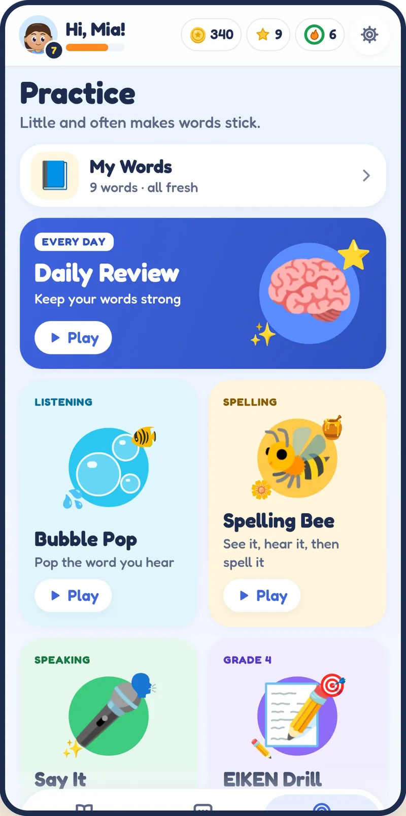 The Practice tab: My Words, Daily Review, Bubble Pop and Spelling Bee.