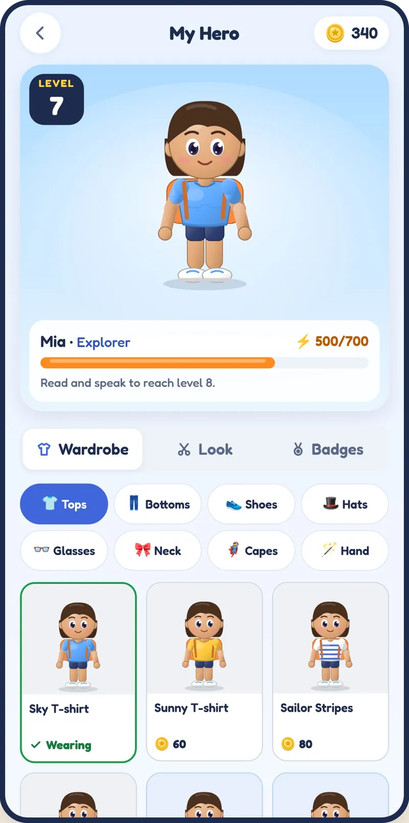 My Hero: a learner's hero at level 7, ready to be dressed from the wardrobe.