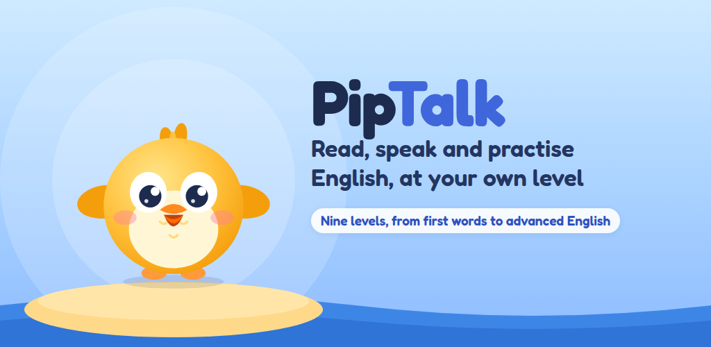 Banner: Pip on an island beside the words PipTalk, Read, speak and practise English, at your own level.