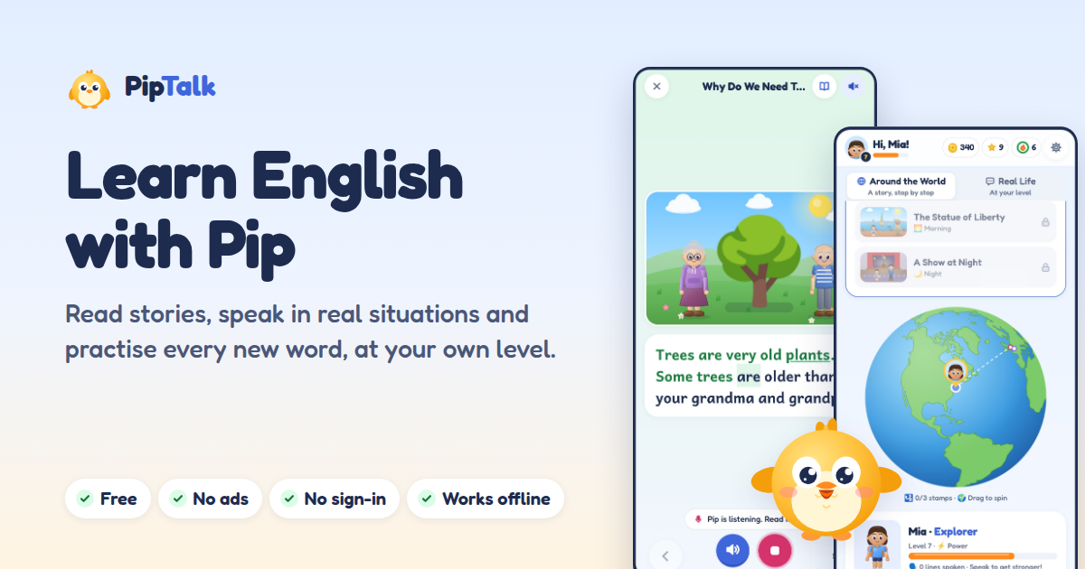 Social image: Learn English with Pip, with two screens of the app.